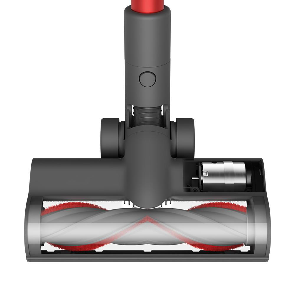 Grauer Staubsaugerkopf, rote Bürstenrollen und Details, weißer Hintergrund.