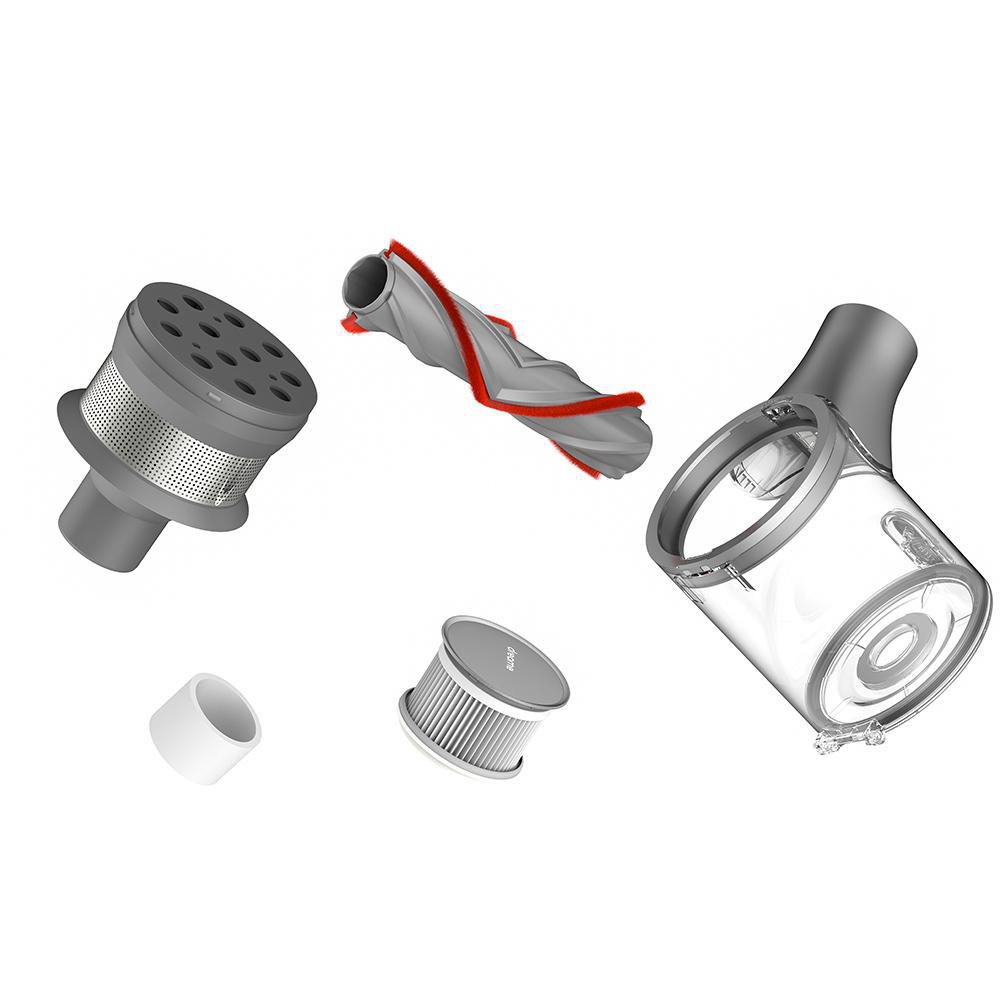 Staubsaugerteile, darunter Filter, Kopf, Rohr und ein Staubbehälter.