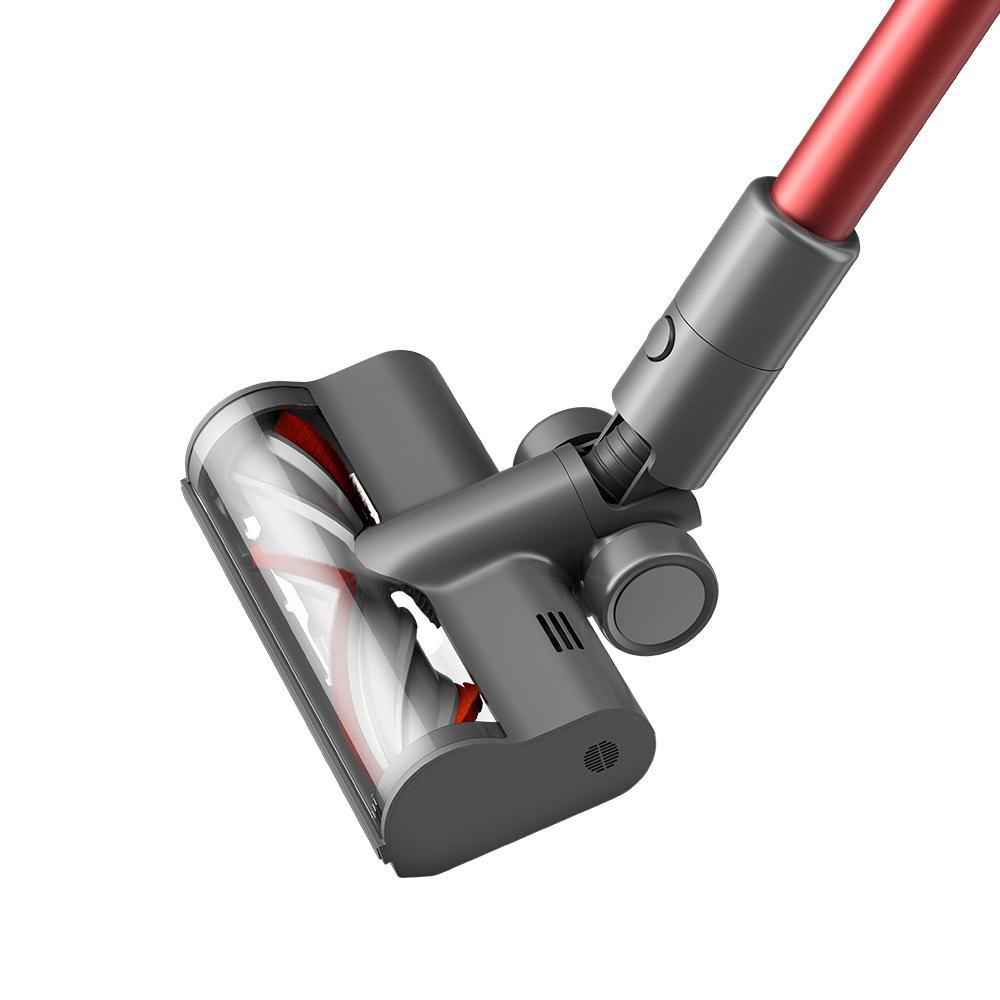 Ein kabelloser Staubsaugerkopf. Bürste und Staubkammer sind sichtbar. Der Griff ist rot und grau.