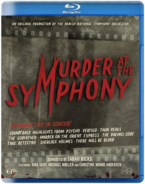 Blu-ray-Cover: 'Mord in der Symphonie'. Roter Text auf dunklem Hintergrund. Listet Film-Soundtrack-Highlights auf.