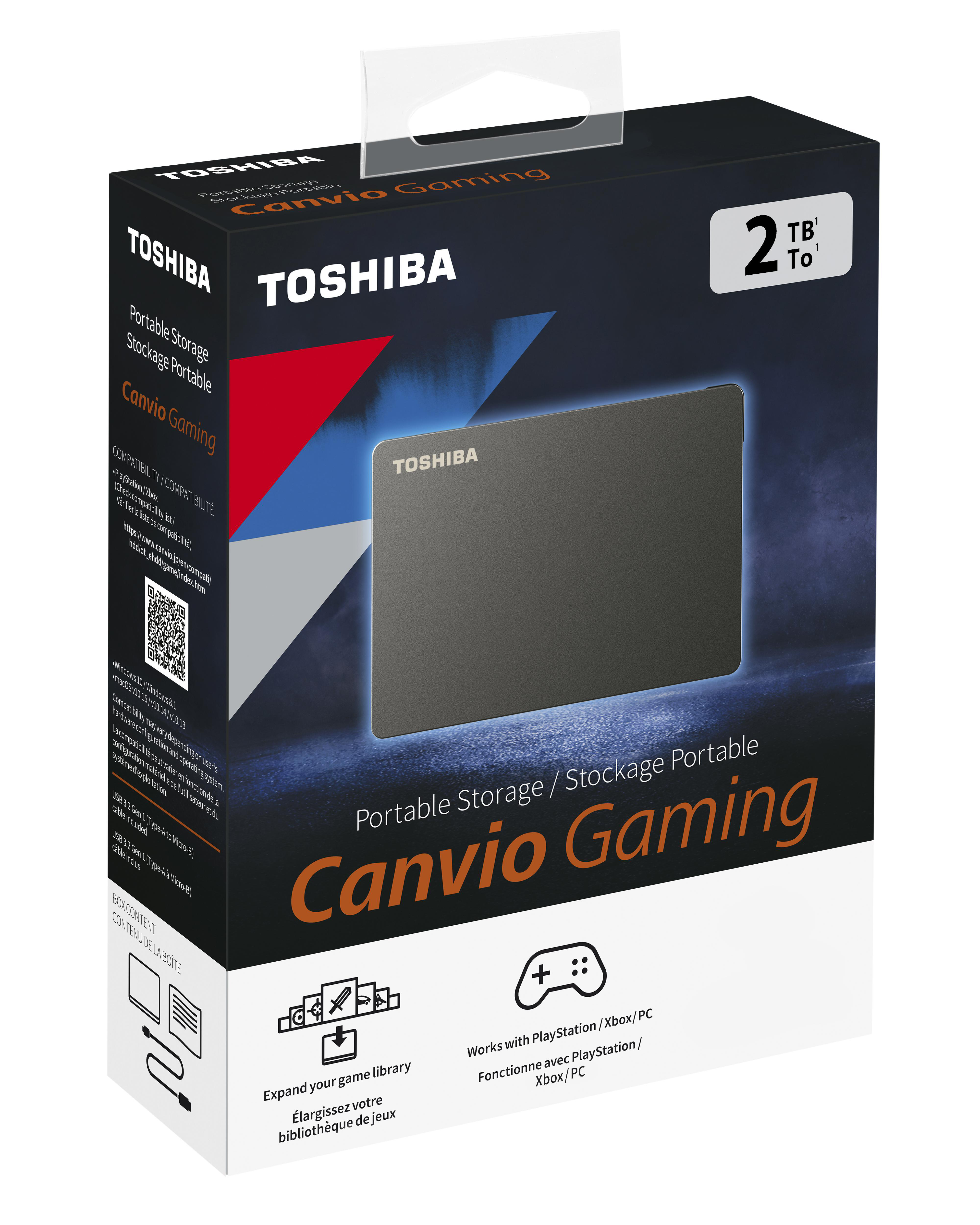 Toshiba Canvio Gaming externe Festplattenbox. Text und Bilder auf einer schwarz-weißen Box.