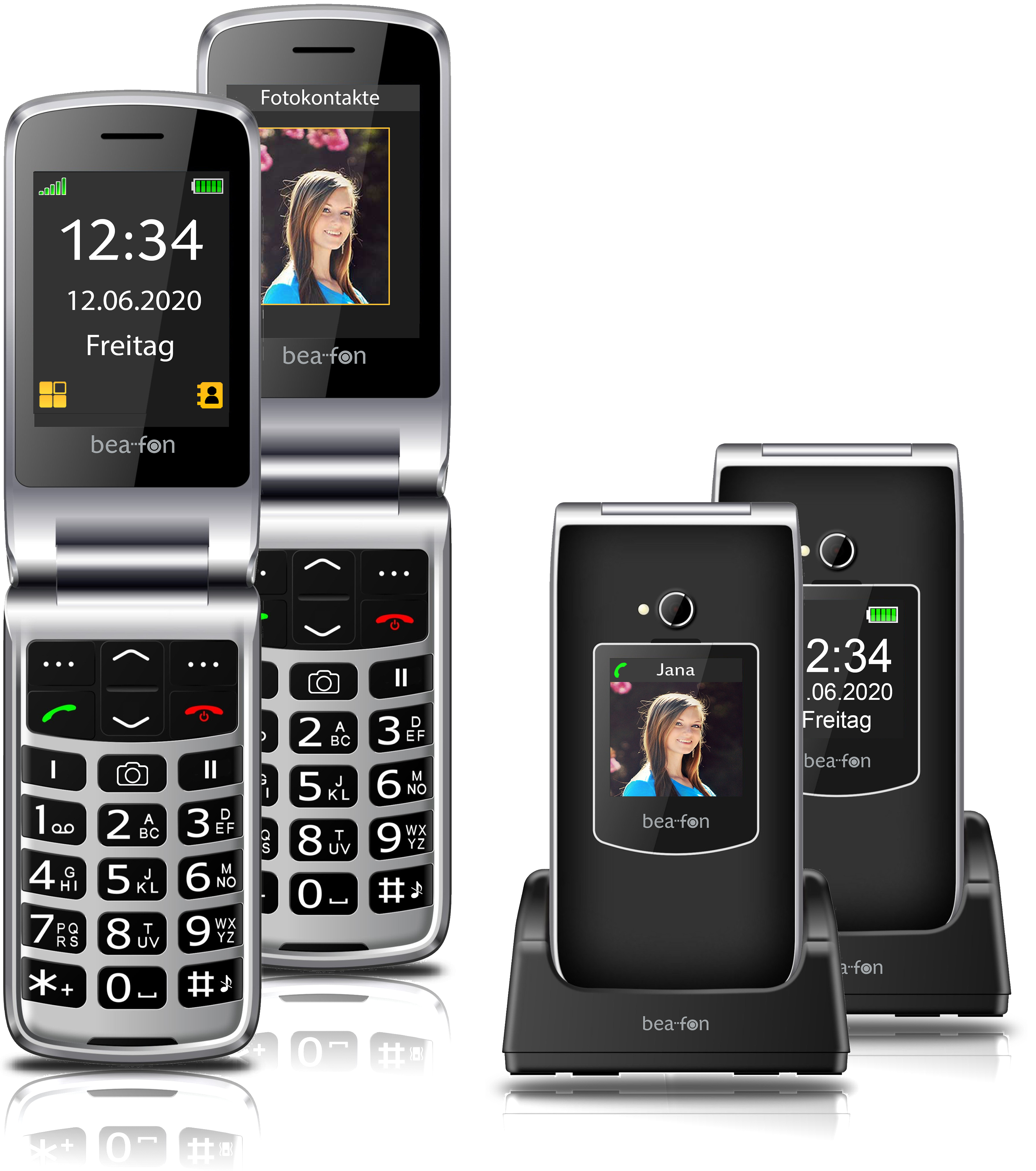 Drei schwarze Klapphandys, eines geöffnet mit Display, zwei in Ladegeräten. Weißer Hintergrund.