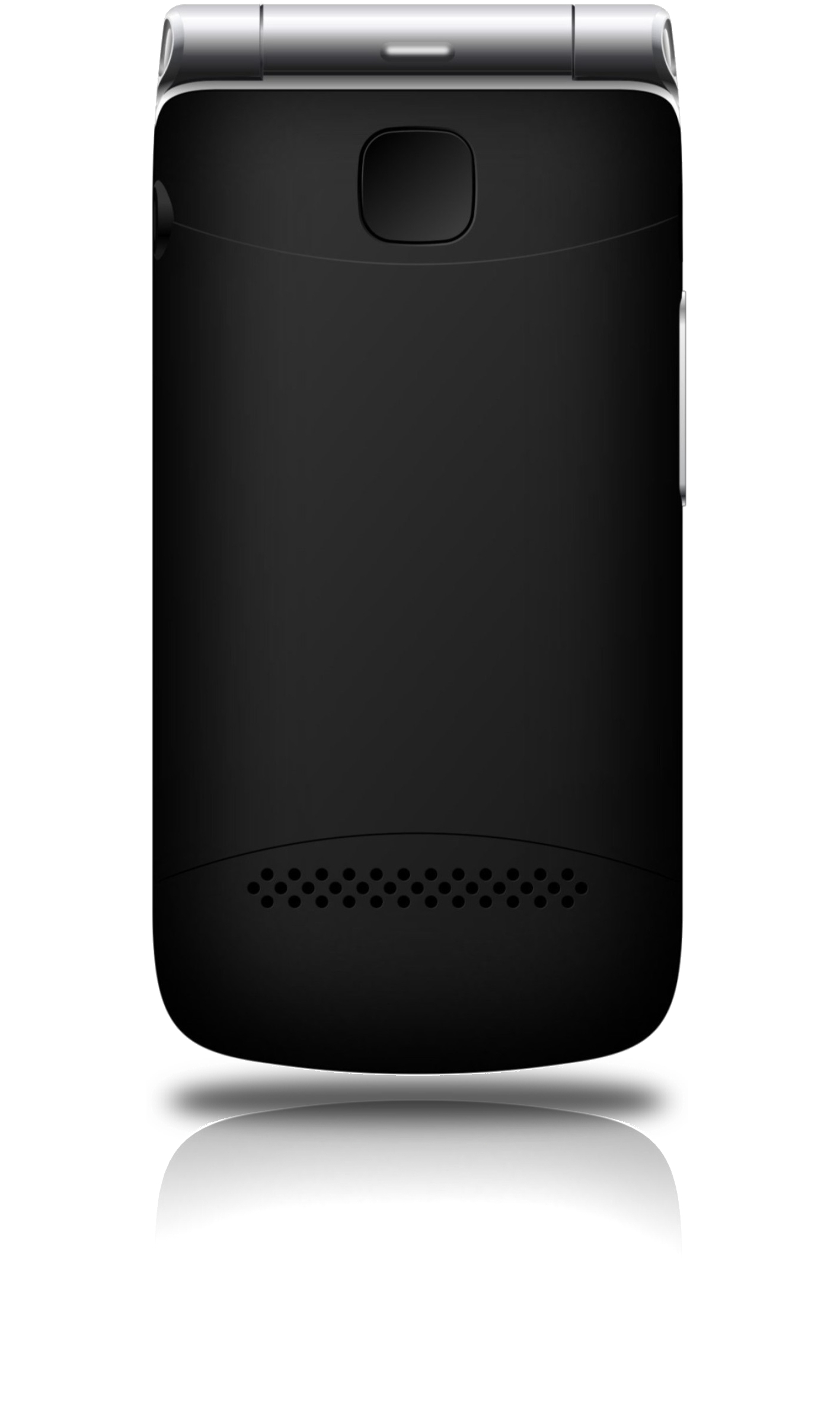 Schwarzes rechteckiges Telefon mit einer Taste und Lautsprecherlöchern.