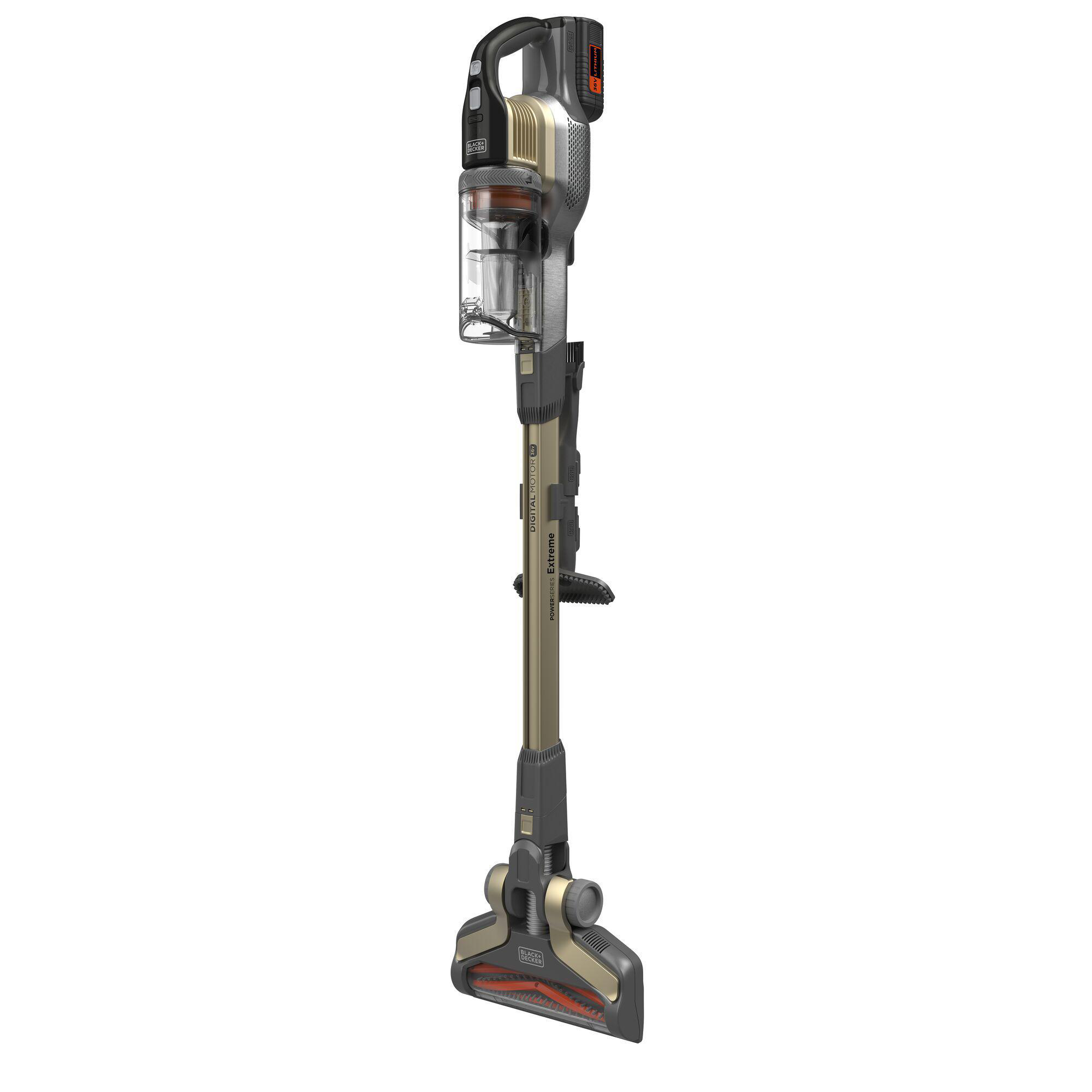 Schwarzer und goldener kabelloser Staubsauger, vertikal. Black+Decker.