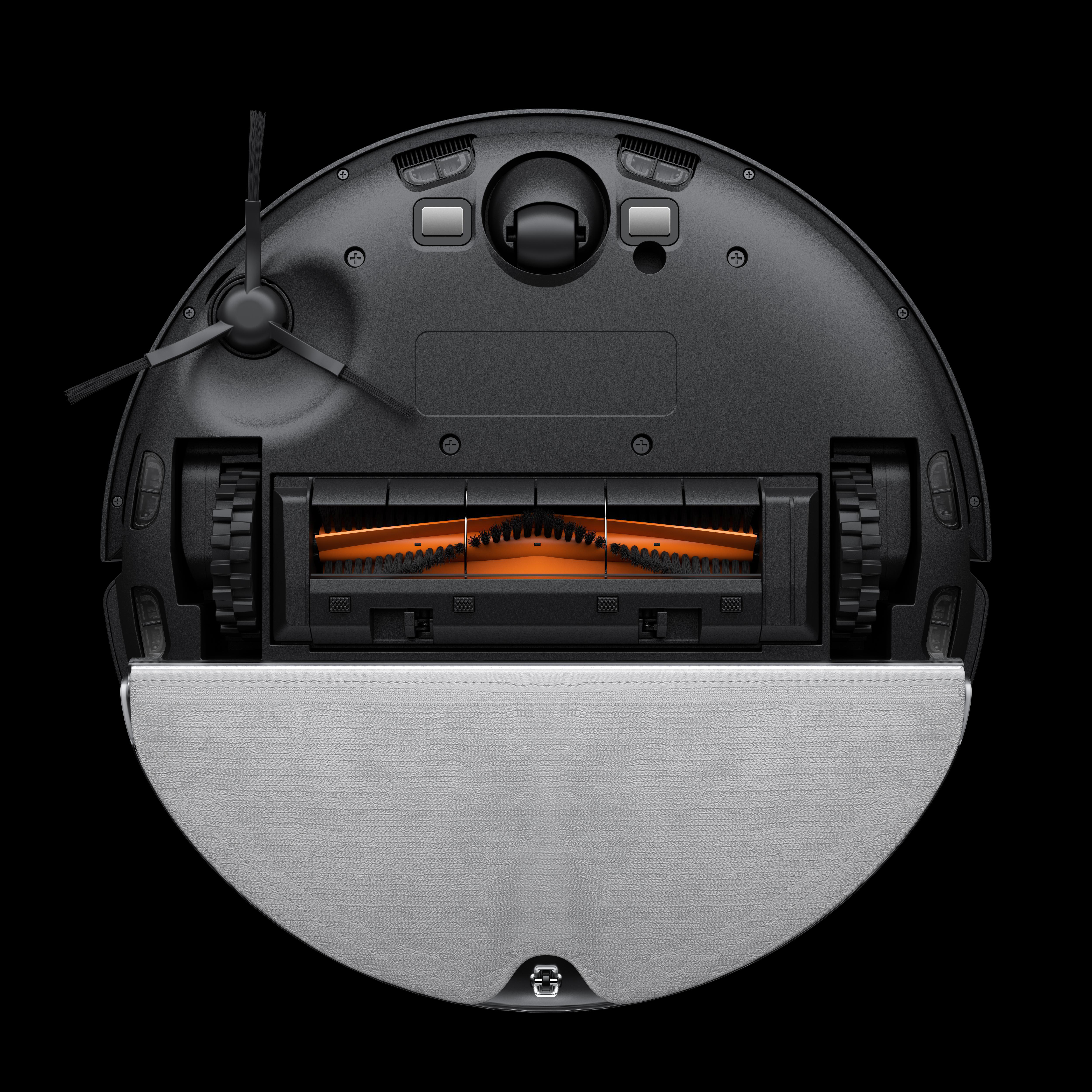 Unterseite des Roboter-Staubsaugers. Schwarz und grau mit orangefarbener Bürste. Kreisförmiges Design.