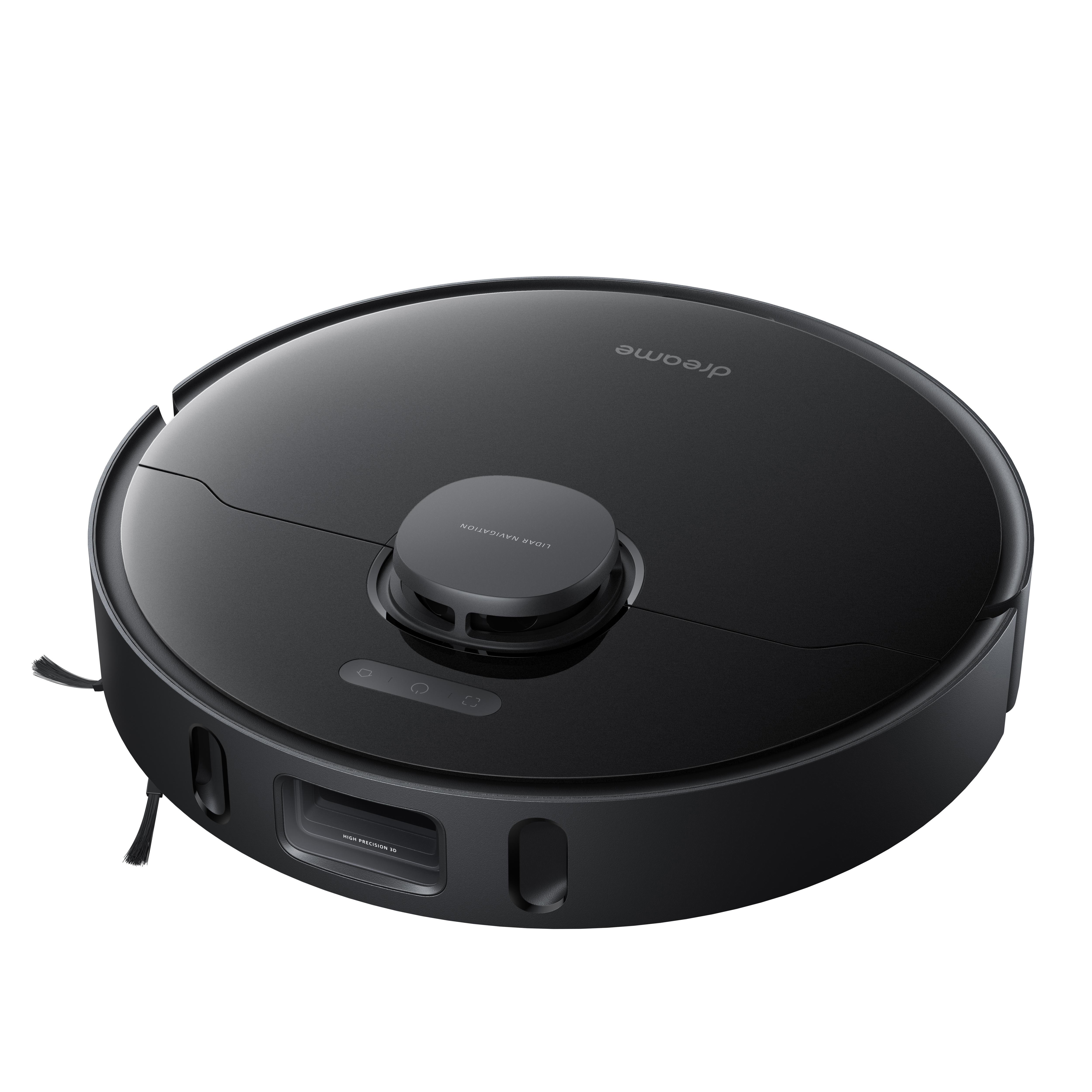 Schwarzer Roboter-Staubsauger. Marke Dreame, kreisförmige Form mit Sensoren.