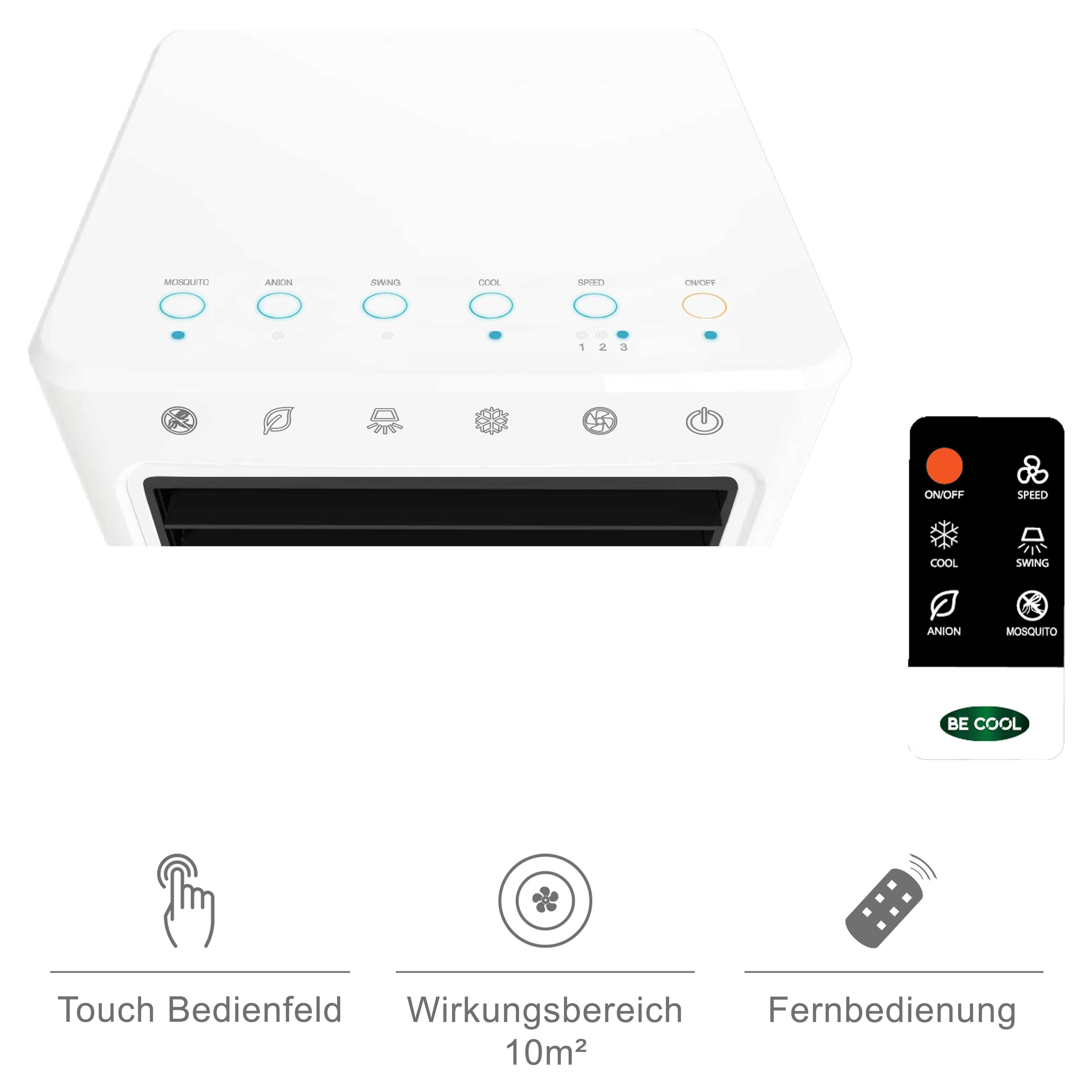 Weißer Luftkühler mit Touch-Panel. Inklusive Fernbedienung, 10m2 Abdeckung.