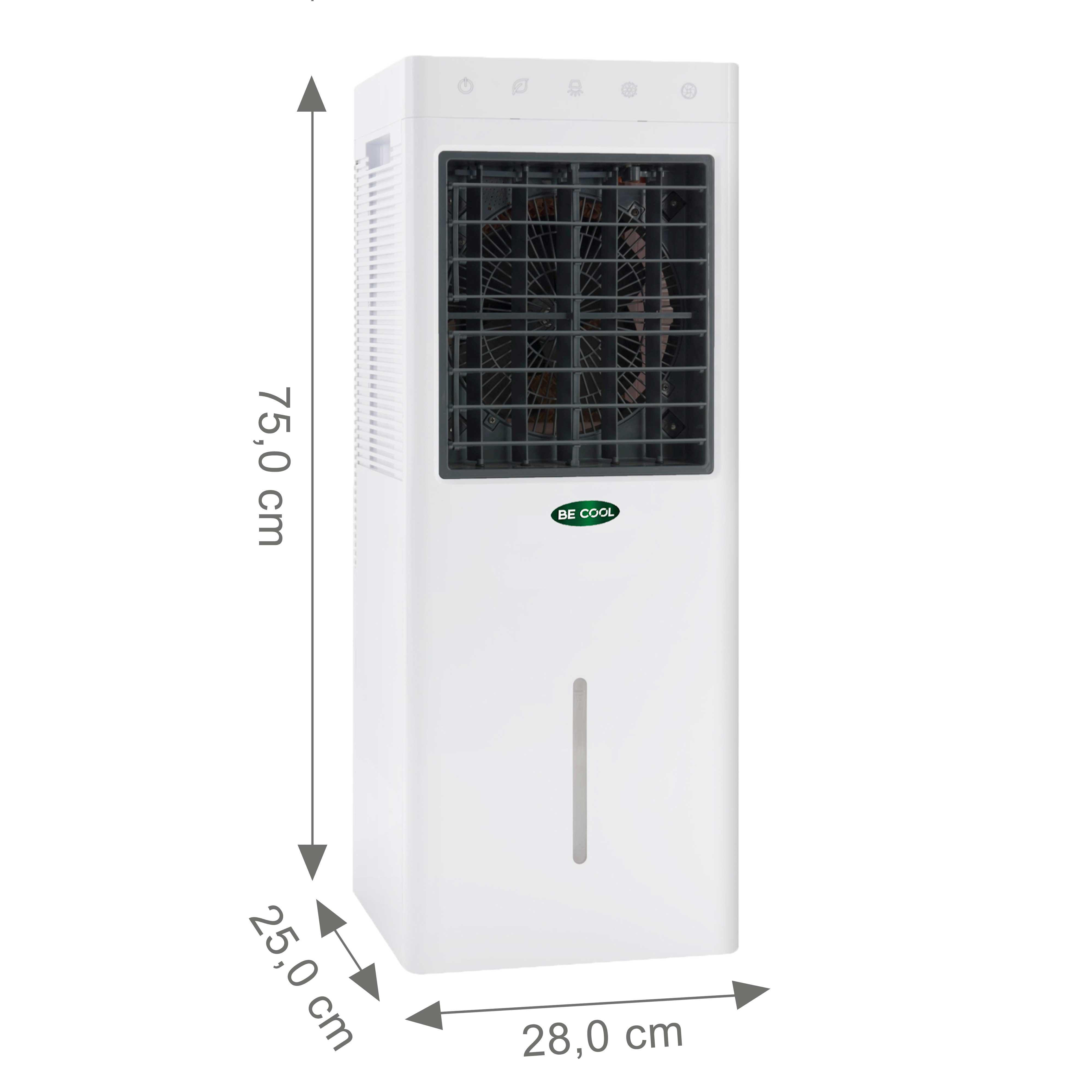 Weißer Luftkühler mit Abmessungen, weißem Hintergrund und schwarzem Grill.