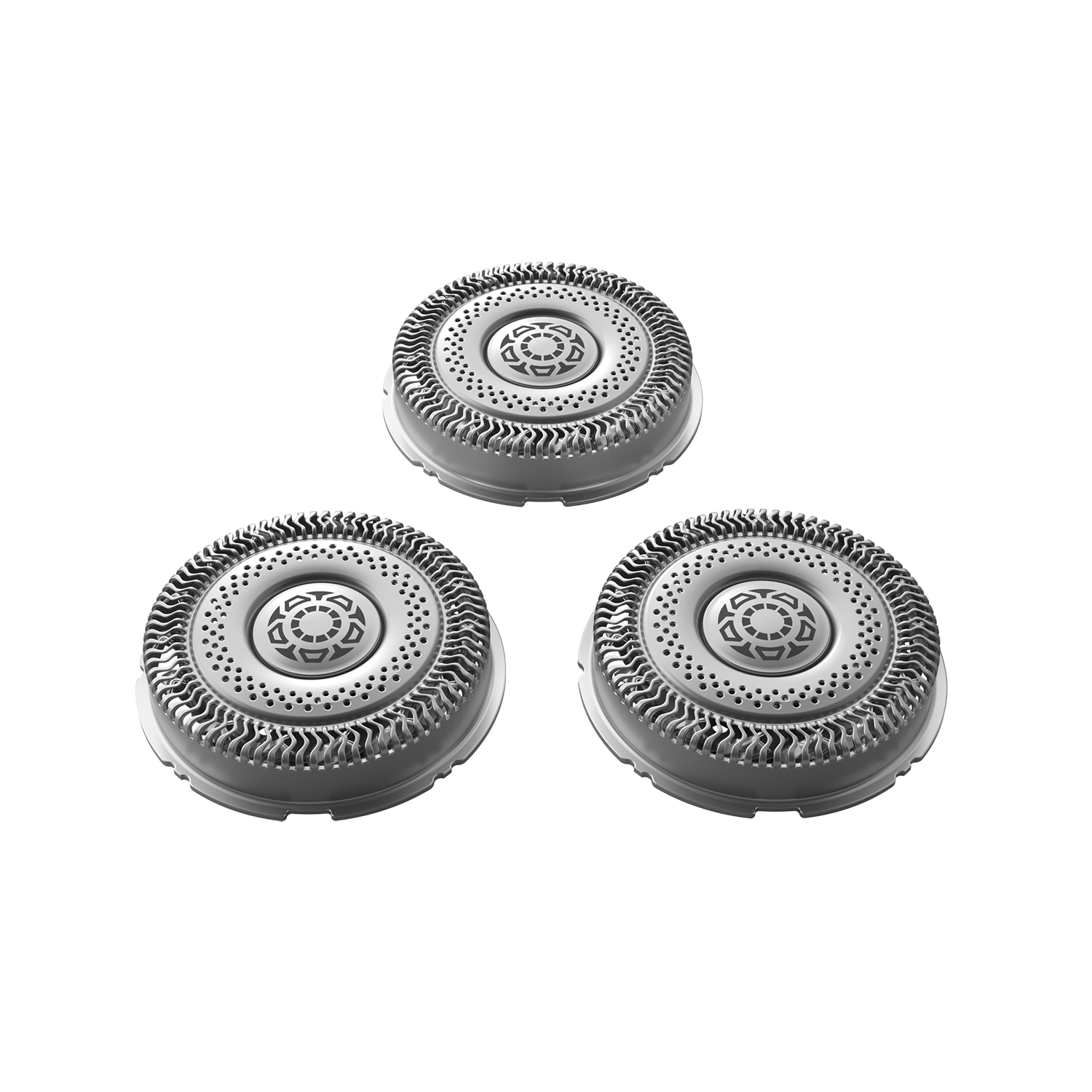 Three silver rotary shaver heads, arranged in a triangle, against a black background.