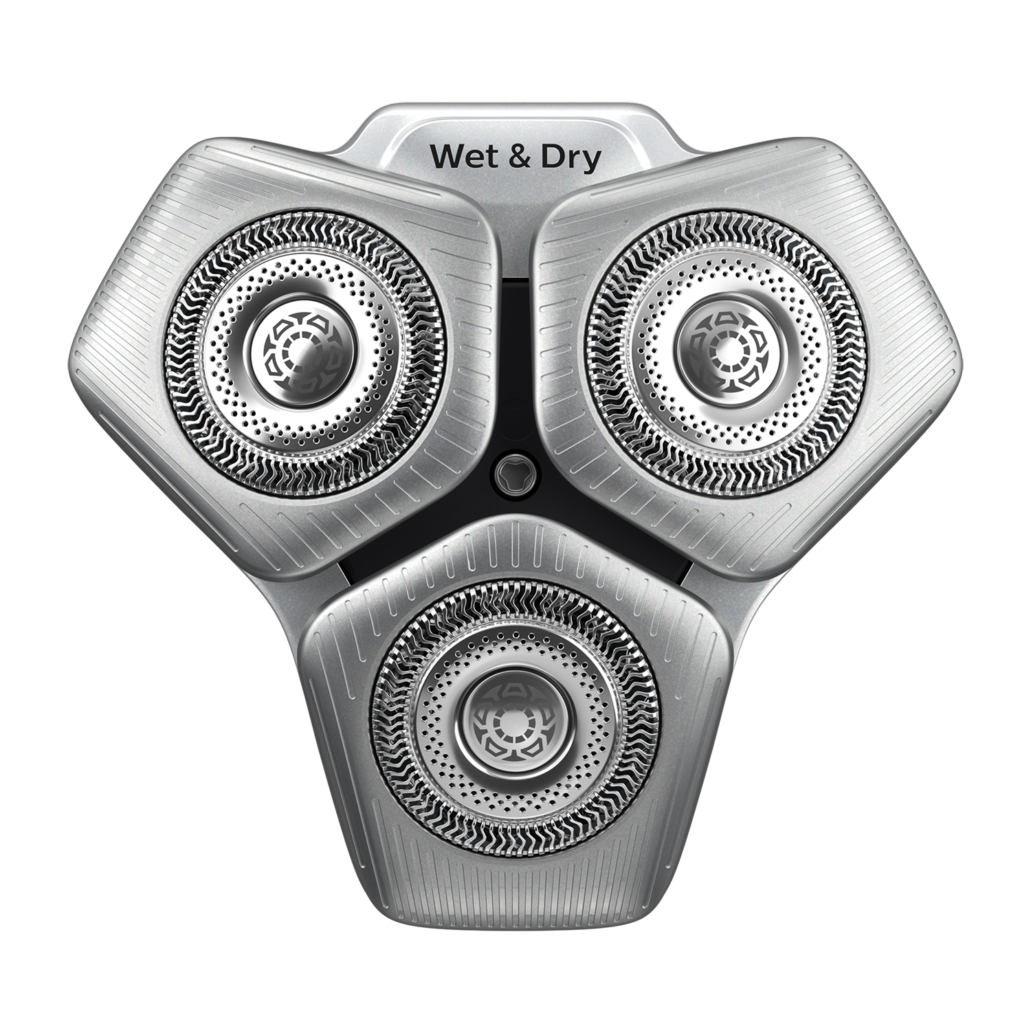 Close up of the shaving head of a Wet & Dry shaver. It has three rotary heads.