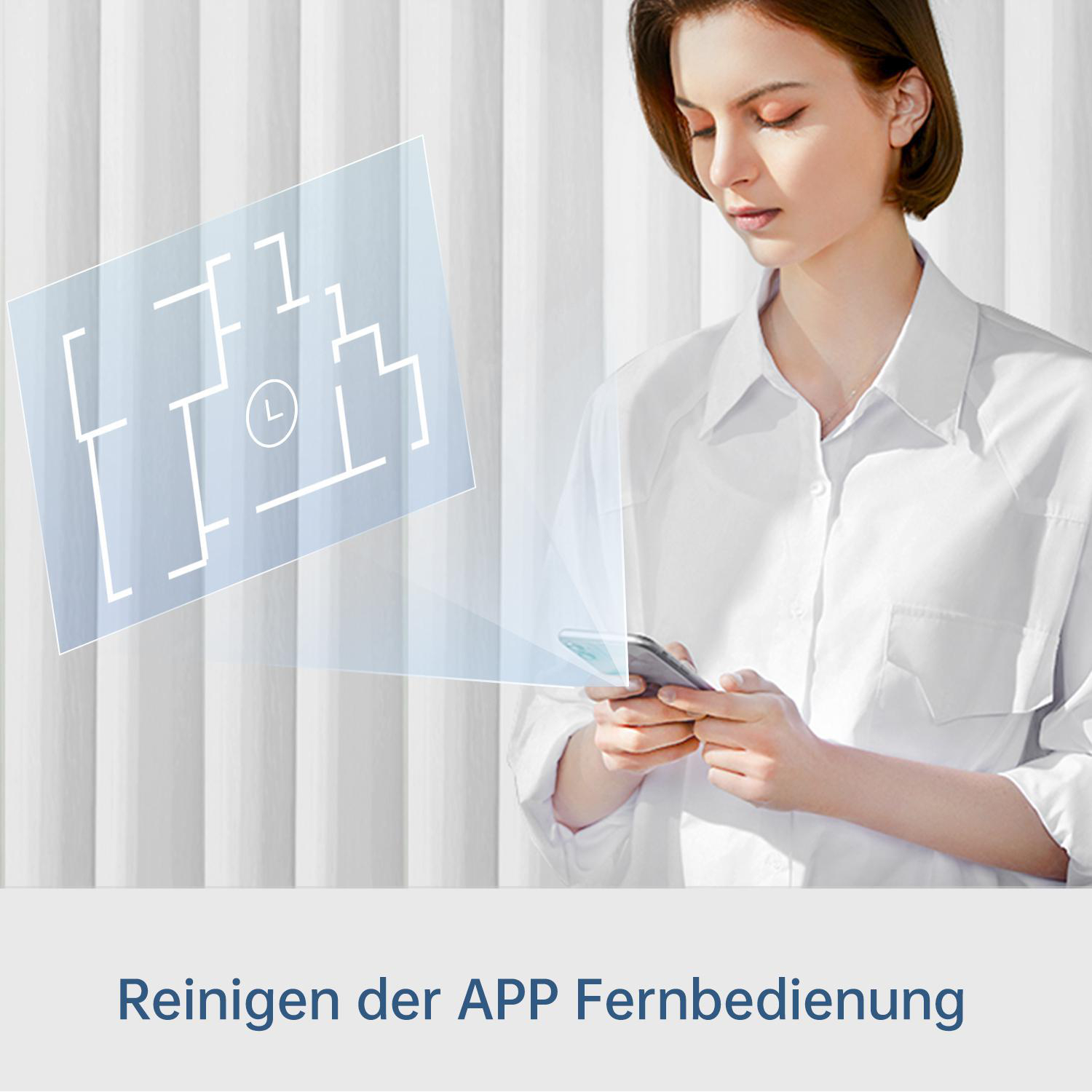 Frau mit Telefon und Projektionsplan vor einem Fenster.