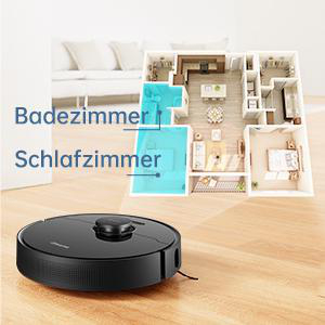 Ein Grundriss mit einem schwarzen Roboter-Staubsauger auf dem Holzboden. Es zeigt die Zimmer.