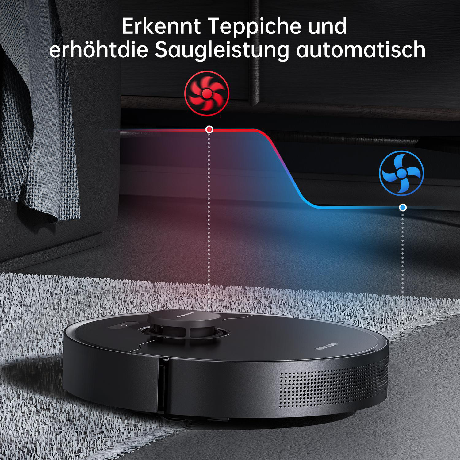 Ein schwarzer Roboter-Staubsauger auf einem Teppich mit Text über die Leistung.