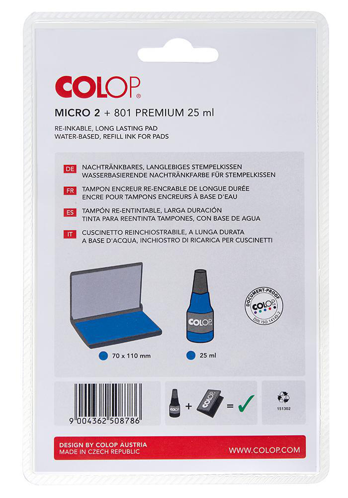 Stempelkissen-Nachfüllpackung. Ein blaues Stempelkissen, eine Tintenflasche und ein Diagramm.