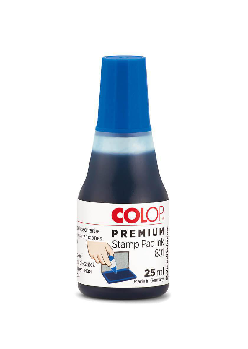 Eine Flasche blaue Stempelkissenfarbe. Auf dem Etikett steht COLOP PREMIUM Stempelkissenfarbe 801, 25ml.