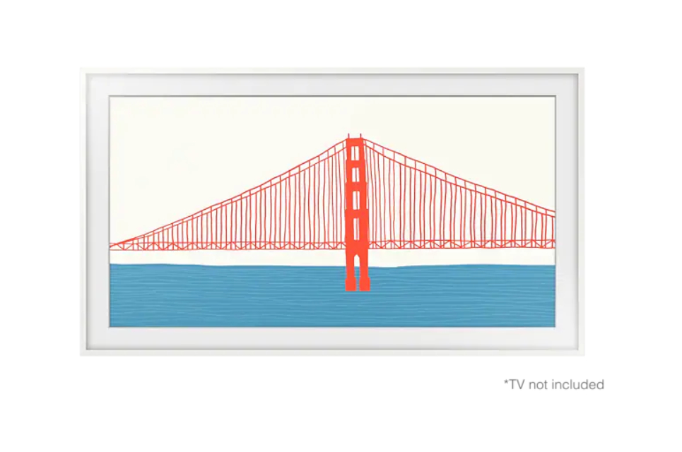 Illustration der Golden Gate Bridge in einem weiß gerahmten Fernsehbildschirm.