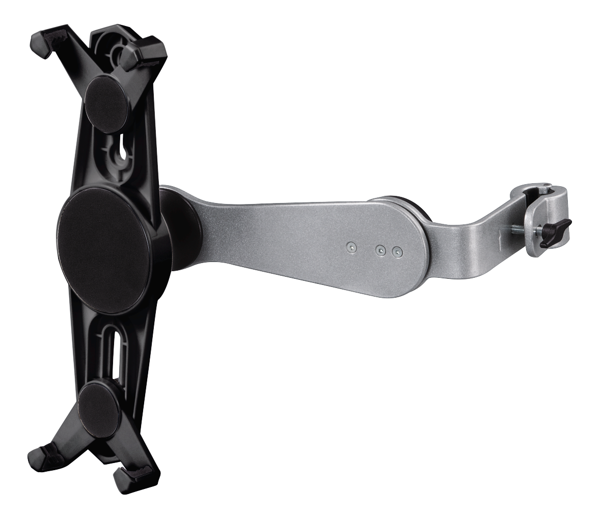 Support de tablette, noir et argent, incliné, avec pince et bras réglable, isolé sur fond noir.