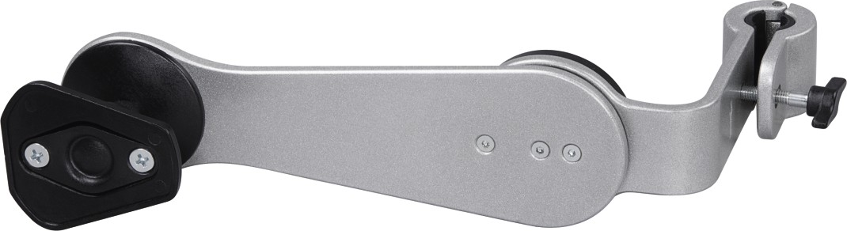 Bras de montage argenté pour un appareil ou un accessoire, sur fond blanc.