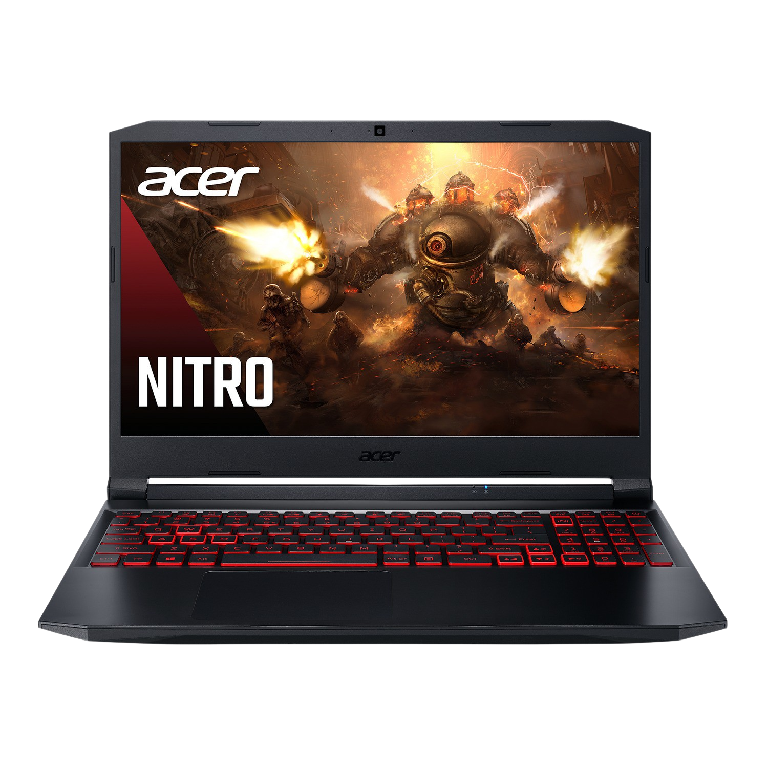 Laptop Acer Nitro negro abierto, mostrando una escena de juego con teclado rojo y fondo negro.