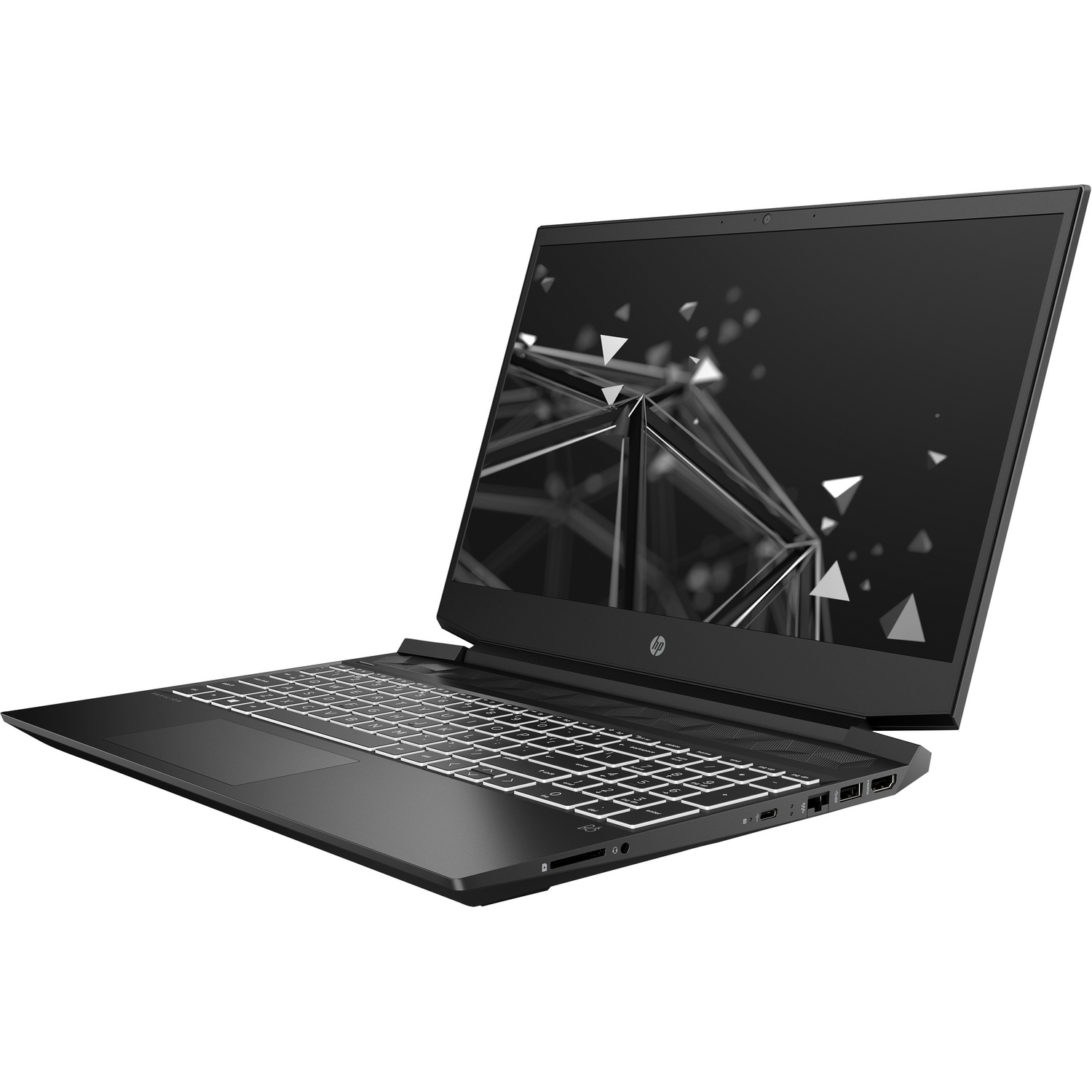 Portátil para juegos HP negro. Tiene una pantalla negra, un teclado blanco y está abierto en ángulo.