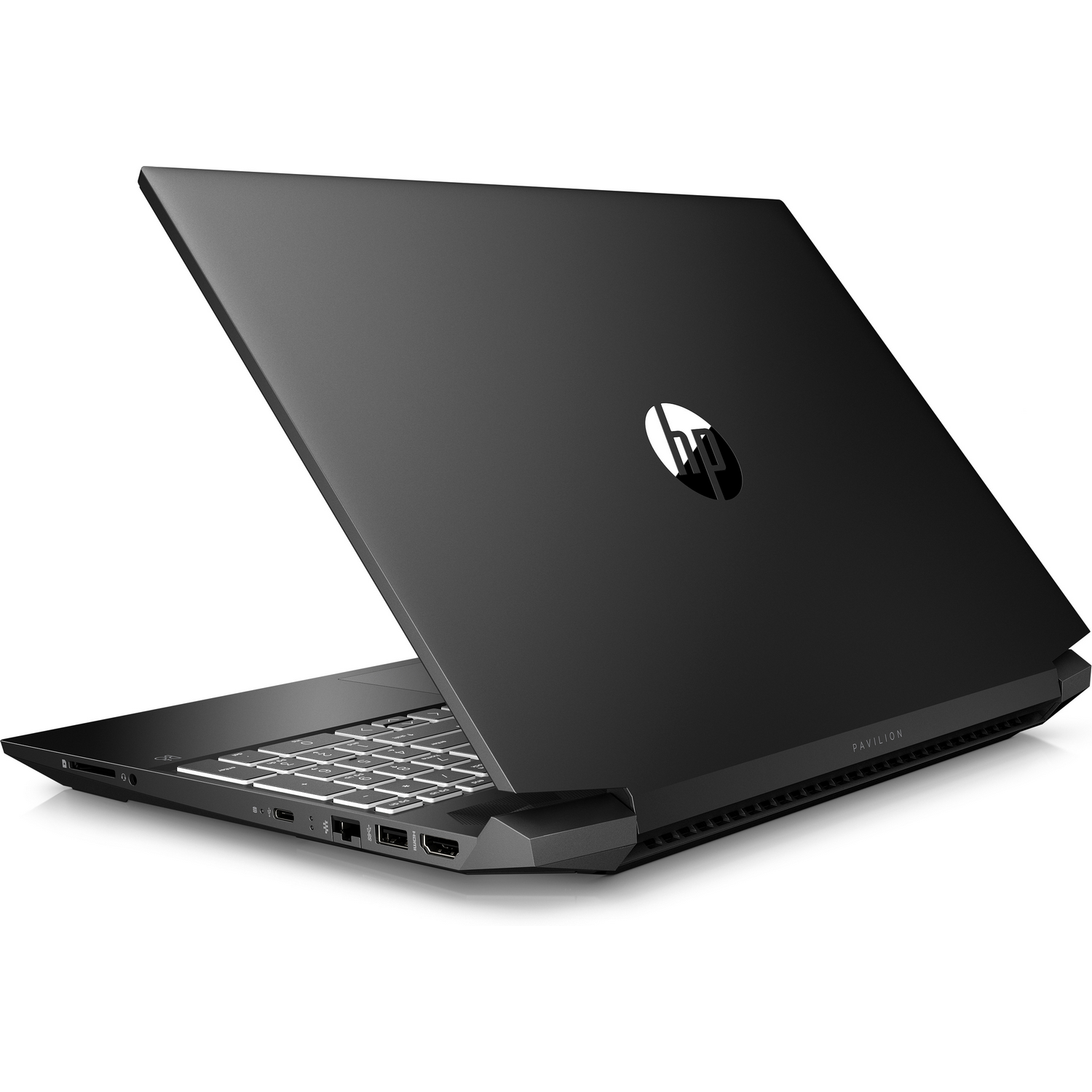 Ordenador portátil negro, abierto en ángulo, mostrando el teclado y el logo HP.