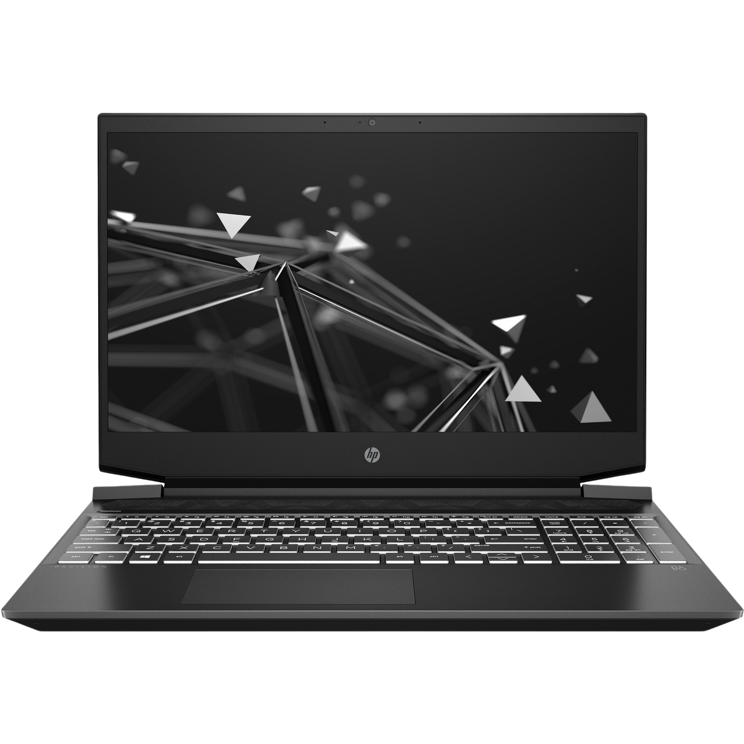 Ordenador portátil negro y plateado con el logotipo de HP en la pantalla. Fondo negro.