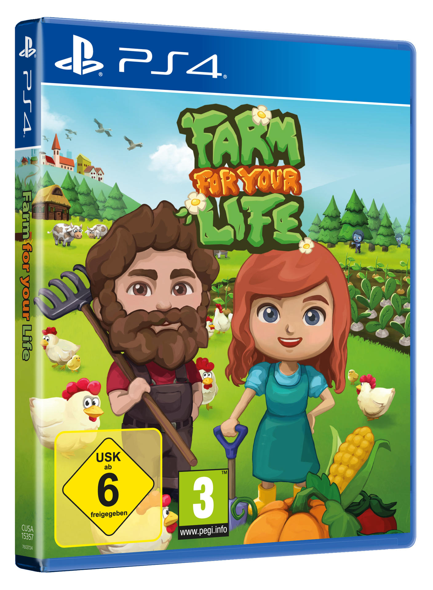 Spielbox-Art mit Cartoon-Bauern. Der Titel ist 'Farm for your Life'. Hühner sind sichtbar.