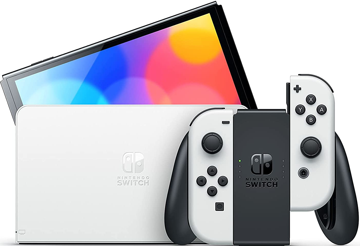A white Nintendo Switch console with black and white controllers.