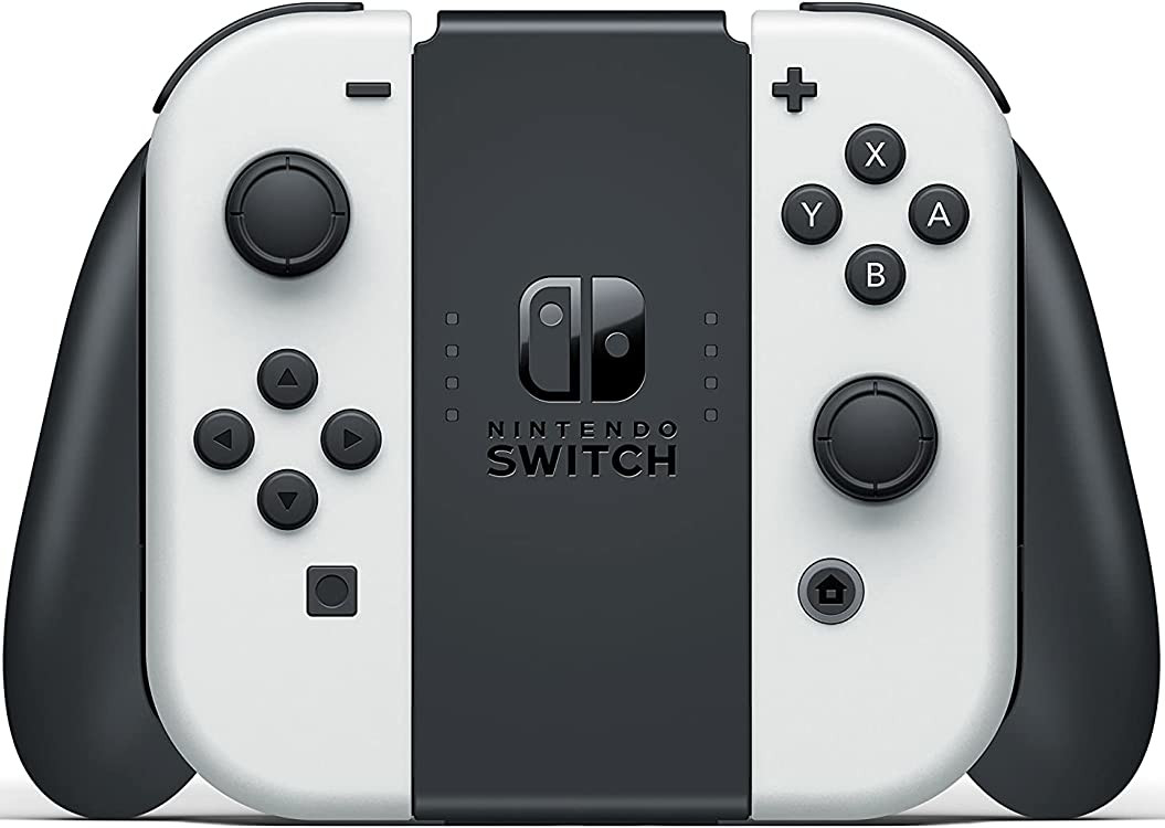 White and black Nintendo Switch Joy-Con controllers, with buttons, and Switch logo in the middle.