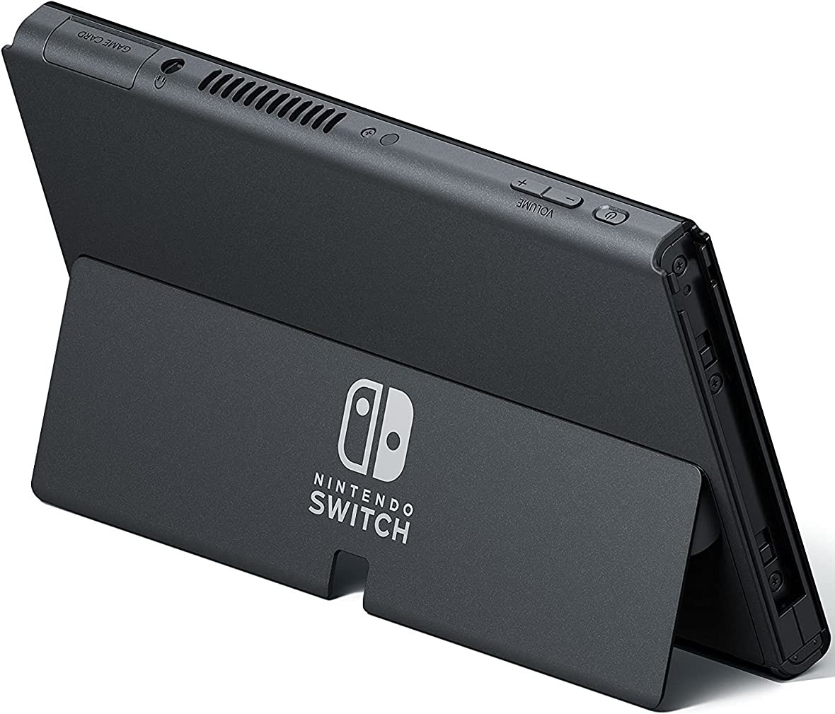 A black Nintendo Switch console with a stand. The stand has the Nintendo Switch logo.