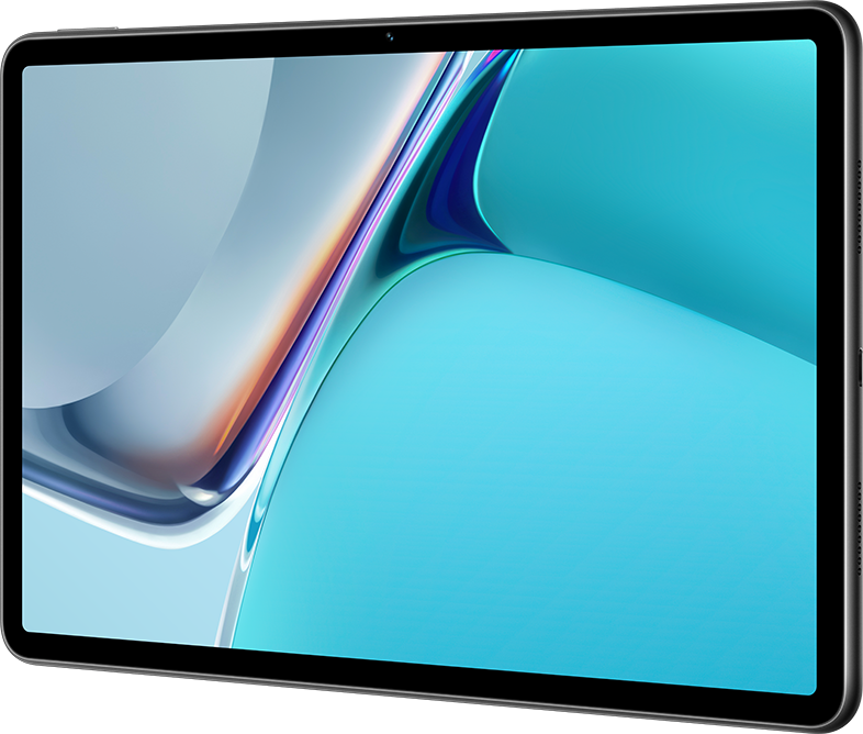 Tablet-Computer mit blau-grauem Bildschirm, schwarzer Rahmen, auf weißem Hintergrund.