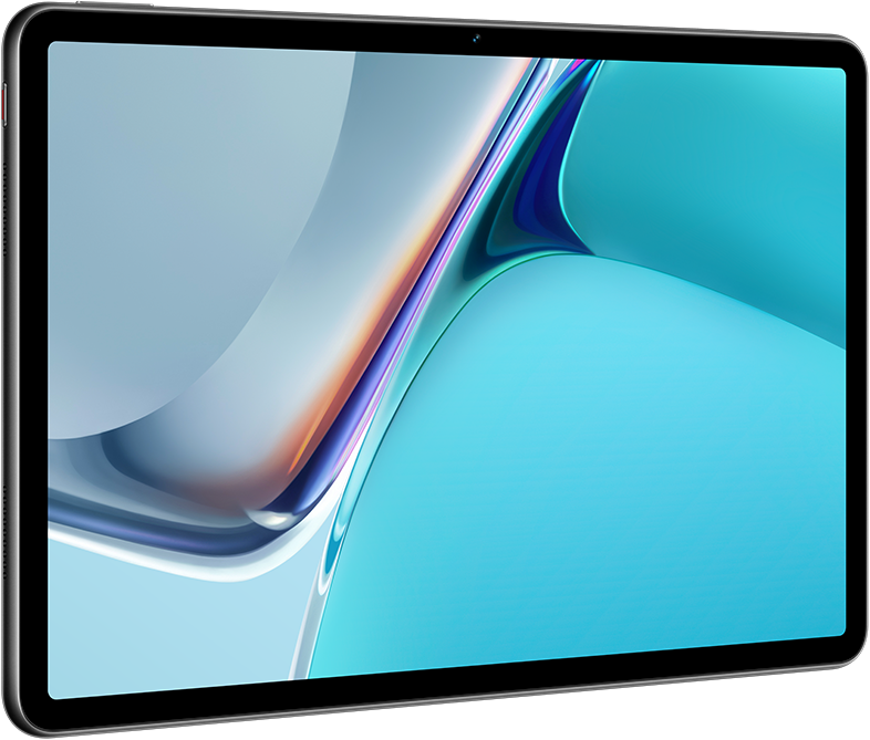 Tablet-Computer, silberner Rahmen, blauer Bildschirm. Minimalistisches Design, digitale Wasserszene.