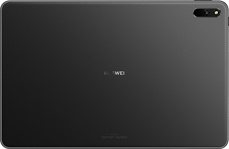Die Rückseite eines schwarzen Huawei-Tablets mit dem Huawei-Logo und dem Harman/Kardon-Logo.