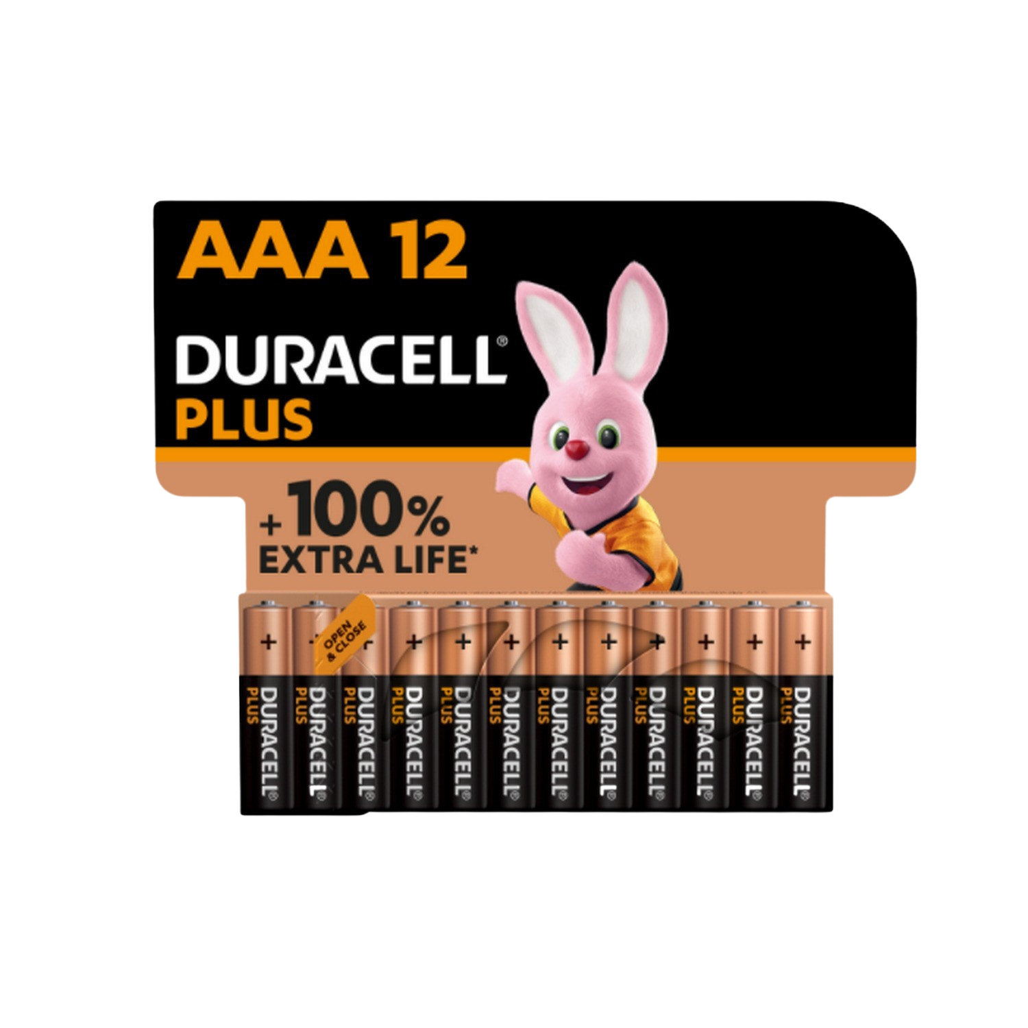 Pilas Duracell Plus AAA en un paquete, con un conejito Duracell rosa encima.