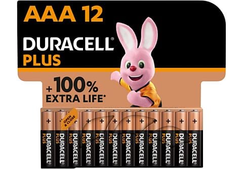 Pilas AAA - Duracell PLUS AAA LR03 / LR3, Pilas alcalinas, Pack 12 Uds, 1.5 V, MN2400, Universal, Negro