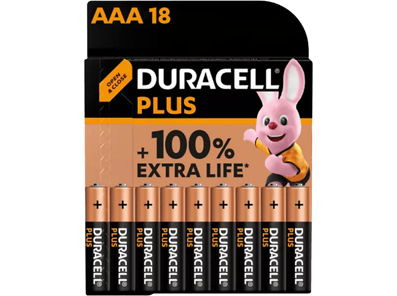 Pilas AAA - Duracell PLUS MN2400 LR03 / LR3, Alcalinas , 1.5 V, Paquete de 18 pilas, Negro