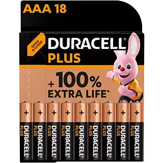 Pilas AAA - Duracell PLUS MN2400 AAA LR03 / LR3, Alcalinas , 1.5 V, Paquete de 18 pilas, Negro
