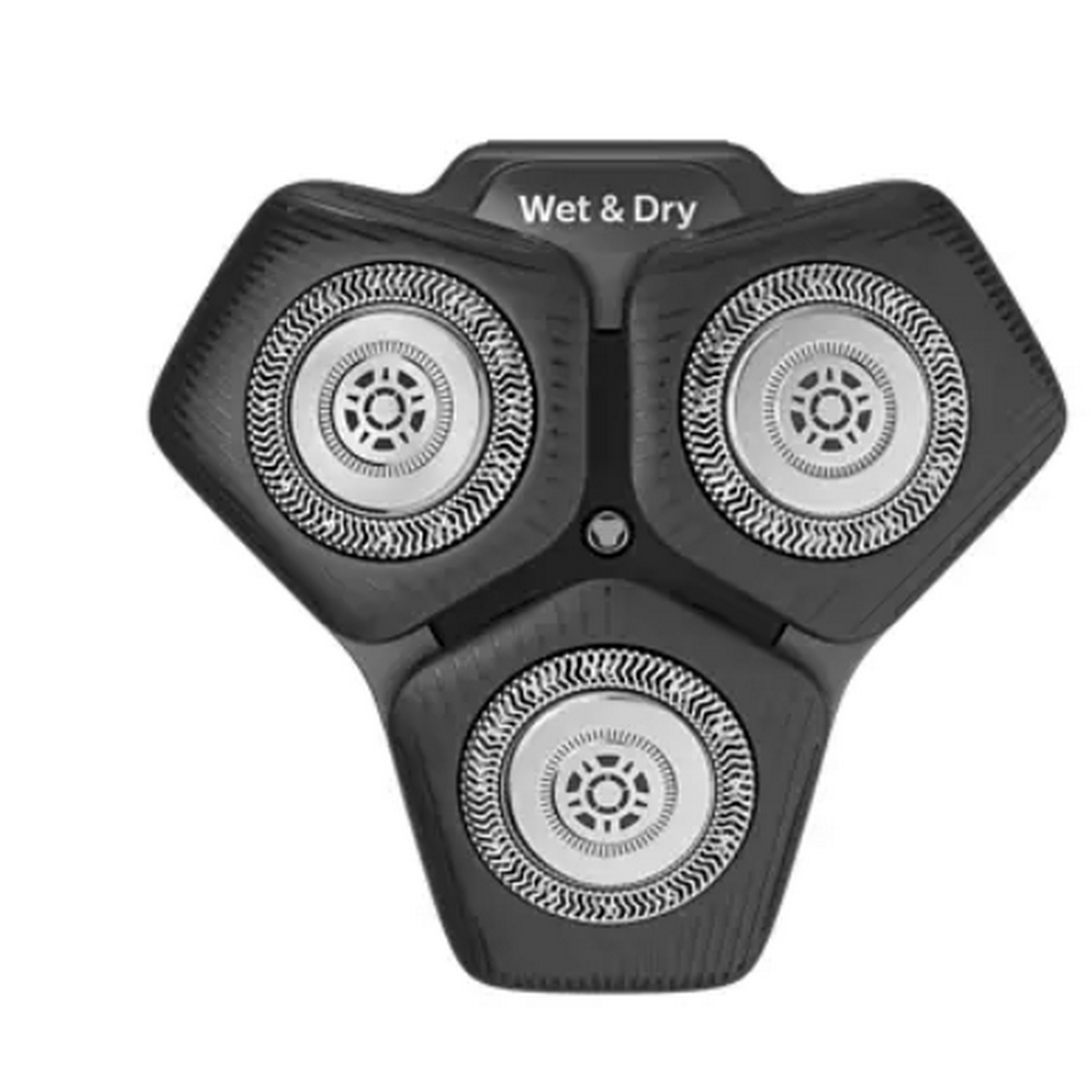 Primer plano de un cabezal de afeitadora eléctrica negra con tres elementos circulares plateados.