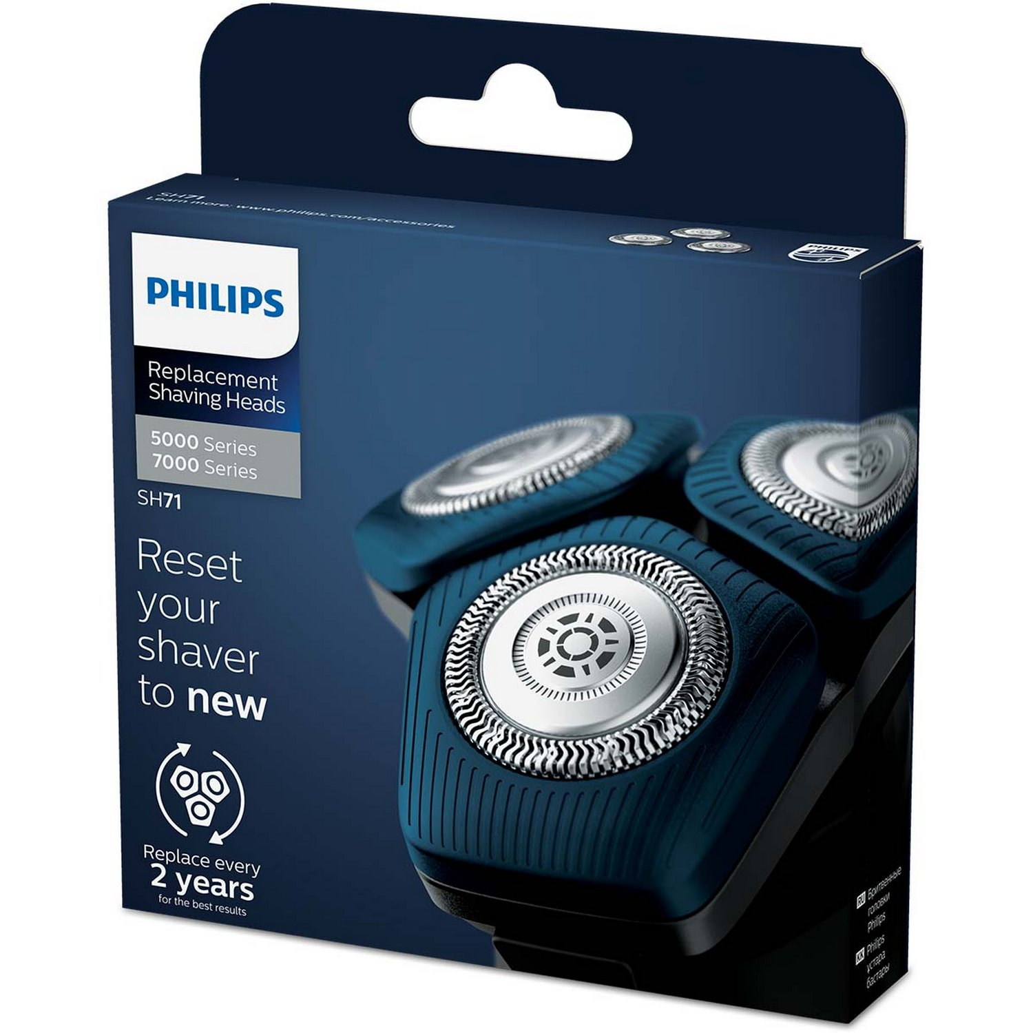 Una caja de cabezales de repuesto para afeitadora Philips. La caja tiene colores azul y blanco. Los cabezales son visibles.