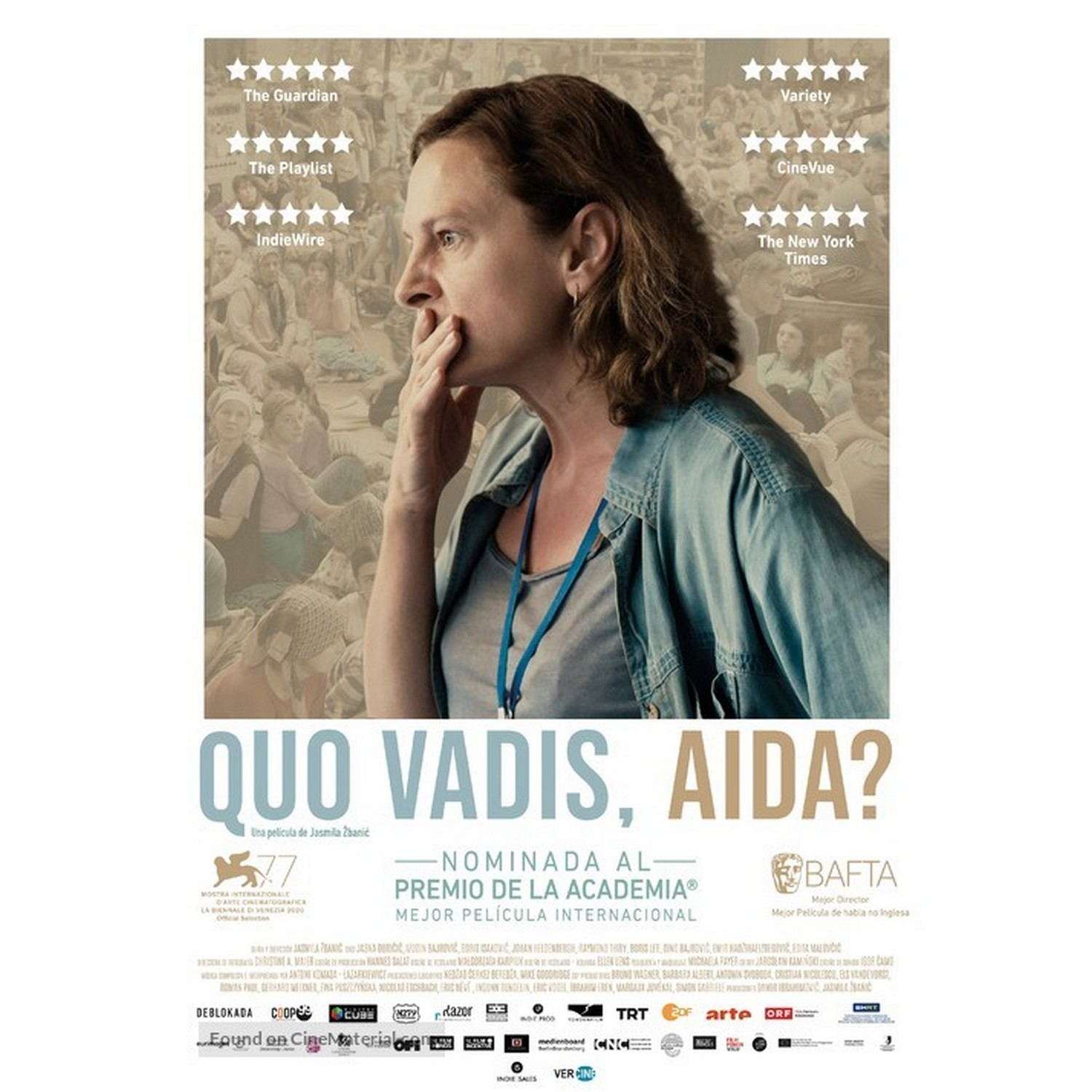 Cartel de película con una mujer tapándose la boca. Críticas y el título 'Quo Vadis, Aida?'.