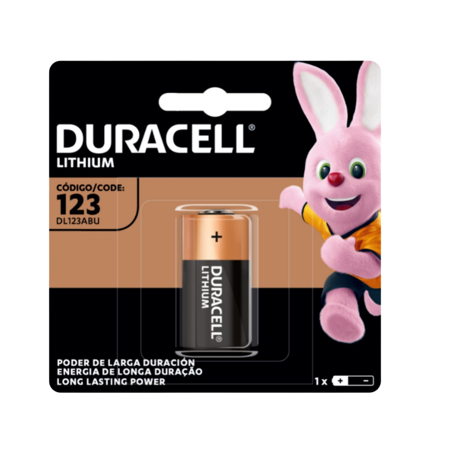 Paquete de pilas Duracell 123 de litio. Embalaje marrón y blanco. Conejo Duracell rosa.