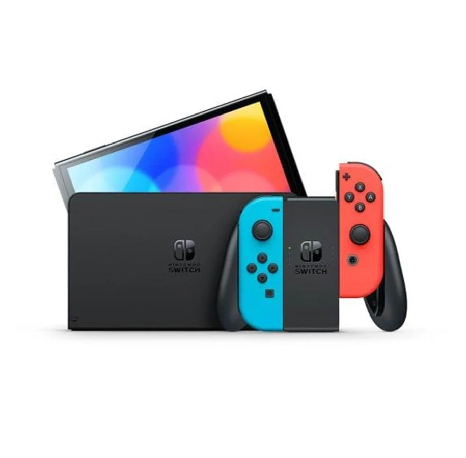 Une console Nintendo Switch, station d'accueil noire, manettes Joy-Con bleues et rouges.