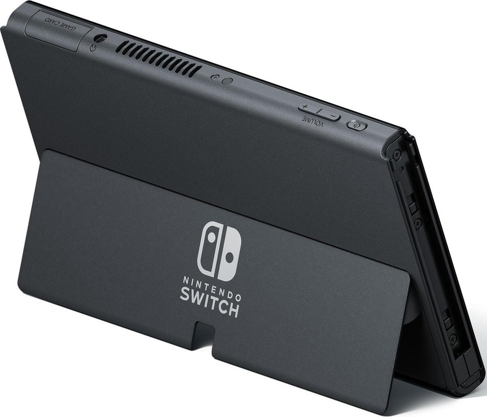 Console Nintendo Switch sur un support. L'arrière de la console est visible.