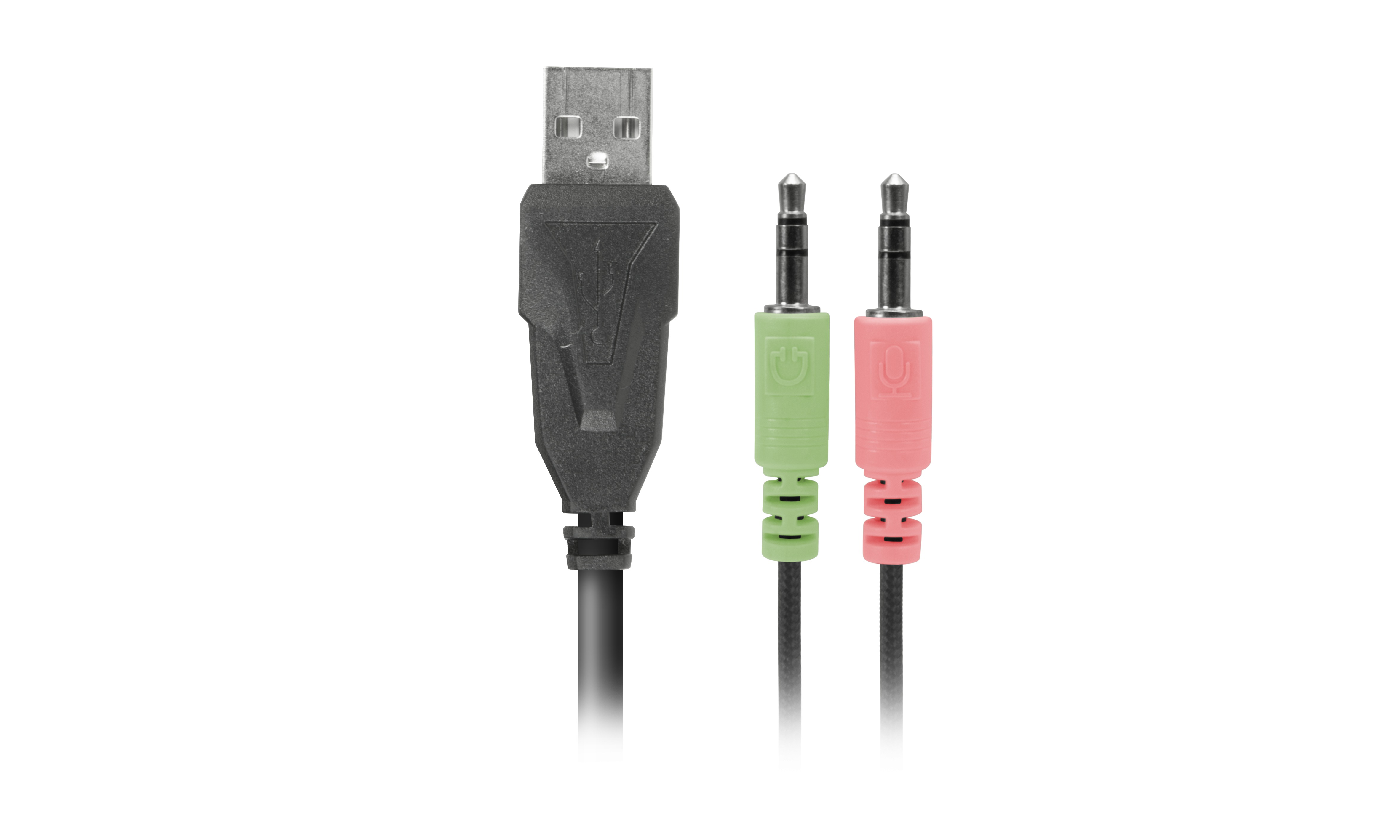 Ein USB-Kabel mit grünen und rosa Audioanschlüssen.