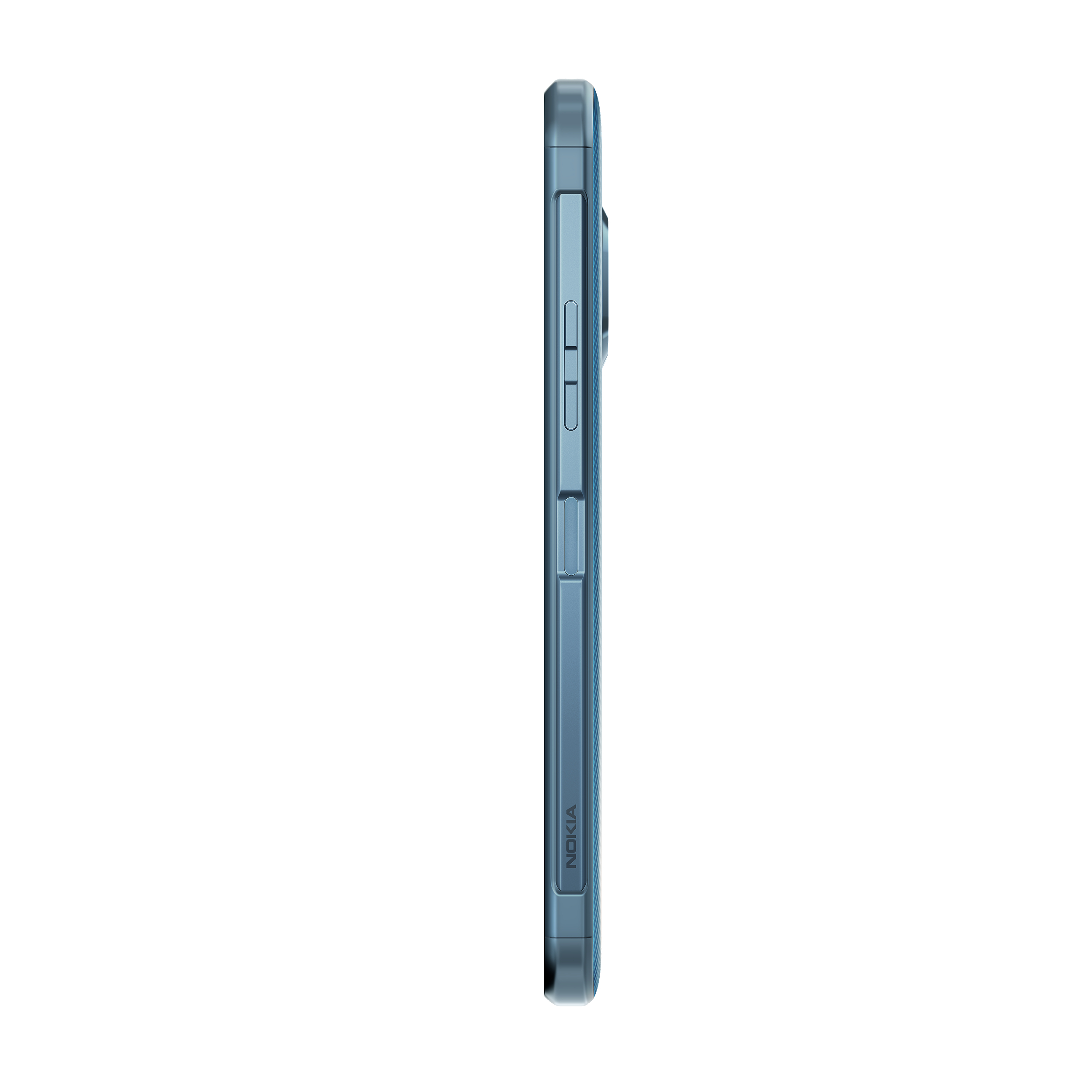Seitenansicht eines blauen Nokia-Telefons, mit Seitentasten und Nokia-Logo.