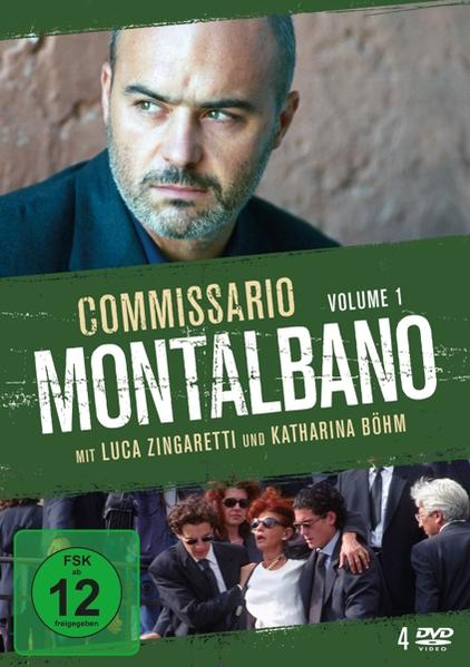 DVD-Cover: Glatzköpfiger Mann, Titel 'Commissario Montalbano' in Grün. Namen der Schauspieler sind ebenfalls vorhanden.
