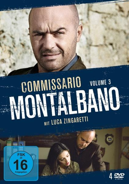DVD-Cover mit einem Männergesicht im Vordergrund. Der Titel ist 'Commissario Montalbano'. Hintergrund ist blau.