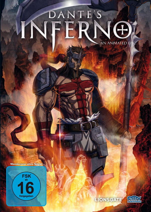 DVD-Cover für "Dantes Inferno", Animationsfilm. Ein Krieger mit Sense vor Feuerhintergrund.