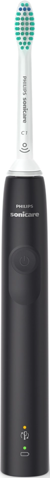 Une brosse à dents électrique Philips Sonicare noire et blanche. La tête est visible.