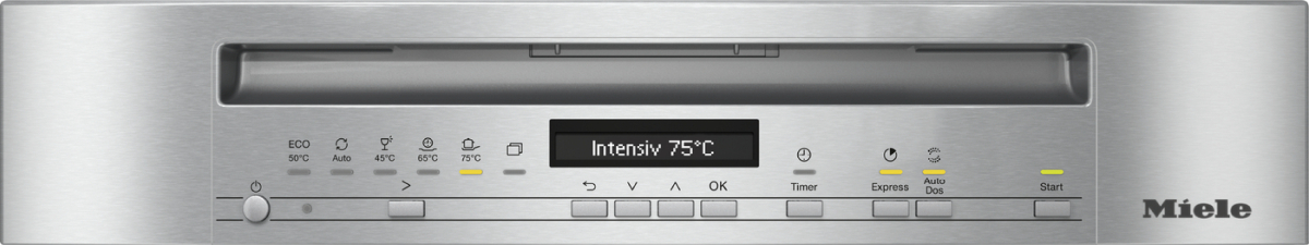 Geschirrspüler-Bedienfeld mit Knöpfen und Digitalanzeige mit 'Intensiv 75°C'.